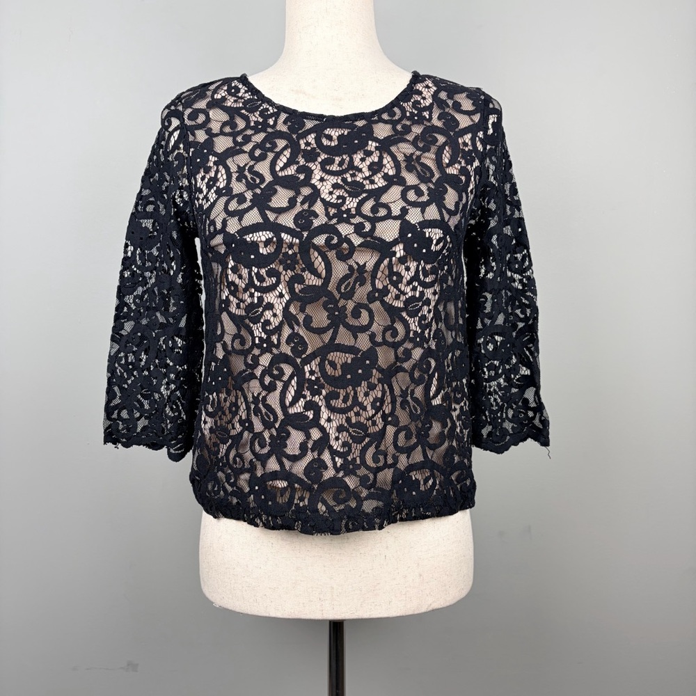 H&M Black Lace Sheer Blouse 3/4 Sleeve Button Back XS